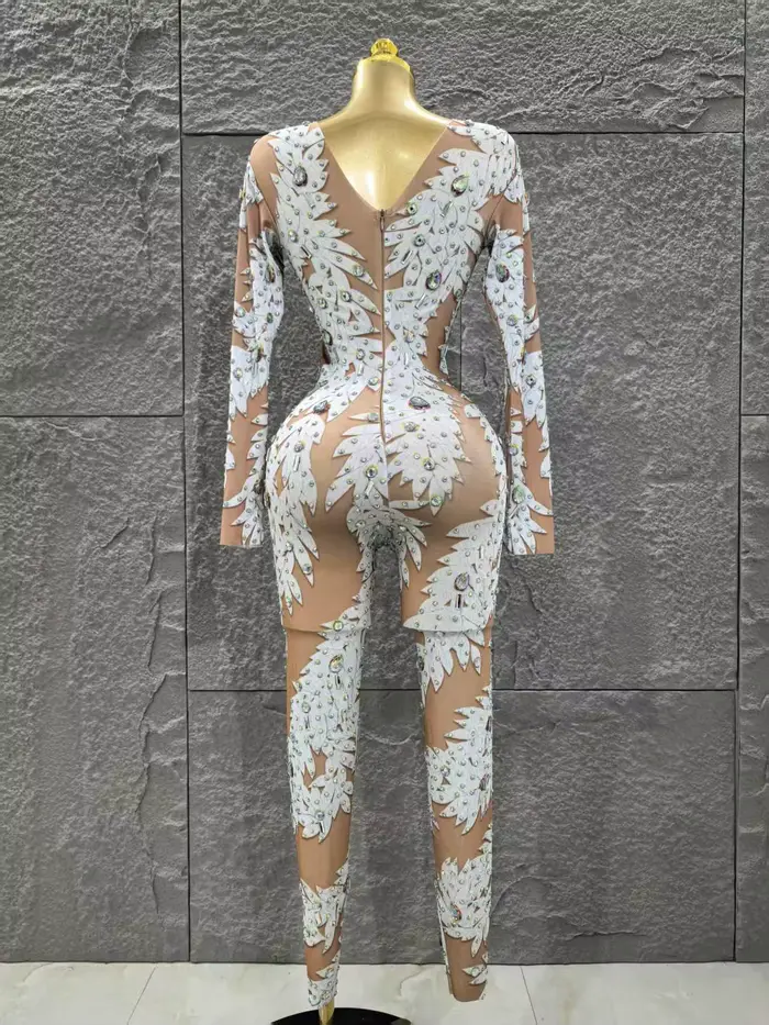 Gros femmes Sexy à manches longues brillant strass moulante combinaison célébrer discothèque fête Pe