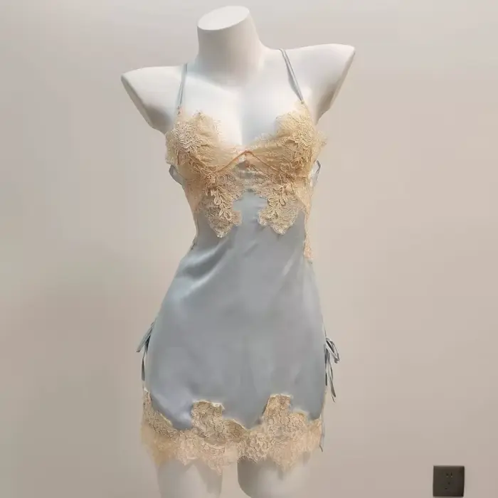 Sexy pyžamo pre ženy, nočná bielizeň z ľadového hodvábu a čipky