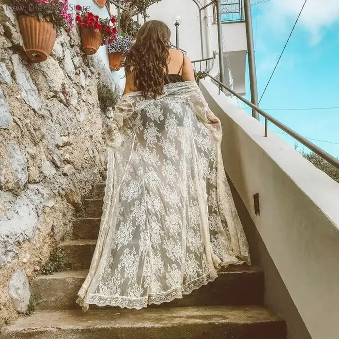 priehľadný Dlhá biela čipka nočná košeľa, šaty pre družičky pre ženy, sexy kimono štýl, nočné oblečenie, svadobný župan, sexy spodná bielizeň, nočné oblečenie