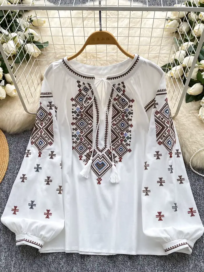 Femmes automne Blouse ample artistique rétro industrie lourde broderie nœud col rond lanterne manche