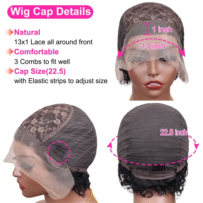 Perruques coupe lutin cheveux humains courts bouclés avant de lacet perruques de cheveux humains bré