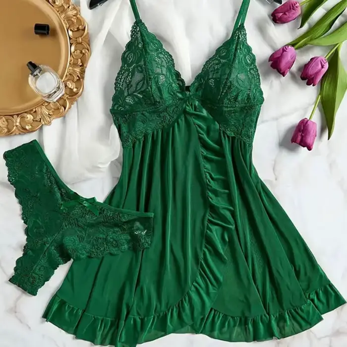 nuisette sexy en polyester vert foncé pour femmes style minijupe col en V nuits romantiques et soirées spéciales