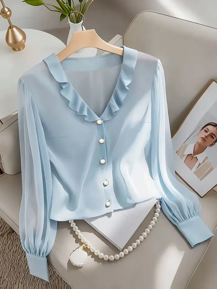 košeľa s dlhým rukávom modrý štýl Hebe pre ženy, elegantný, V-Neck, zoštíhľujúci, s drevom ovplyvneným okrajom, elegantný pre kanceláriu