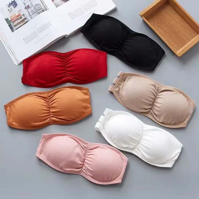 Soutien-gorge bandeau côtelé sans bretelles pour femme, anti-dérapant, froncé, coussinets amovibles respirants, crochets dorsaux réglables, occasion spéciale invisible sous-vêtement