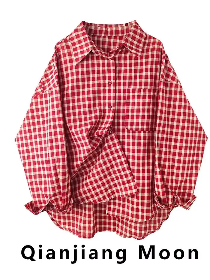 2025 Y2k automne femmes nouveau Vintage rouge Plaid col rabattu sur-chemise à manches longues Street