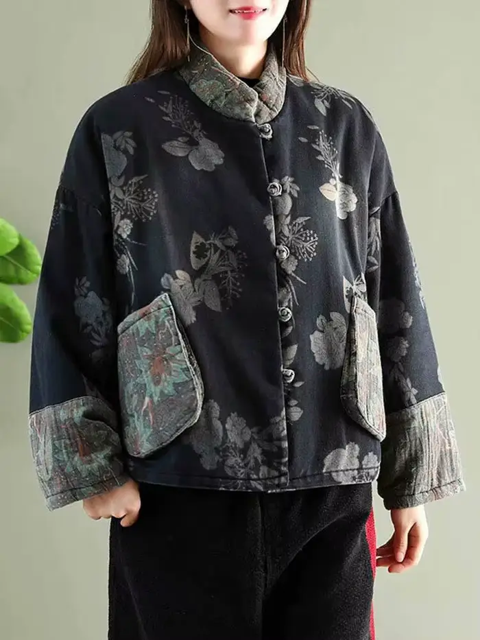 Amax LuluE Čínsky dizajn Dámske teplé parky Ženy Vintage Kvetinový Denim Zima prešívané bundy Voľný čas nadrozmerné