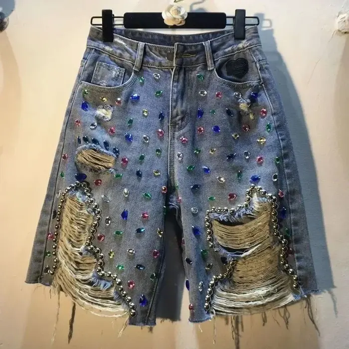 Pantalon court d'été pour femmes, taille haute, avec trous, extensible, en détresse, diamants délavé