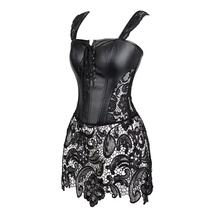 Steampunk korzetové šaty pre ženy gotické Sexy Umelá koža zips Bustier čipka sukňa čierna červená Korzet Clubwear