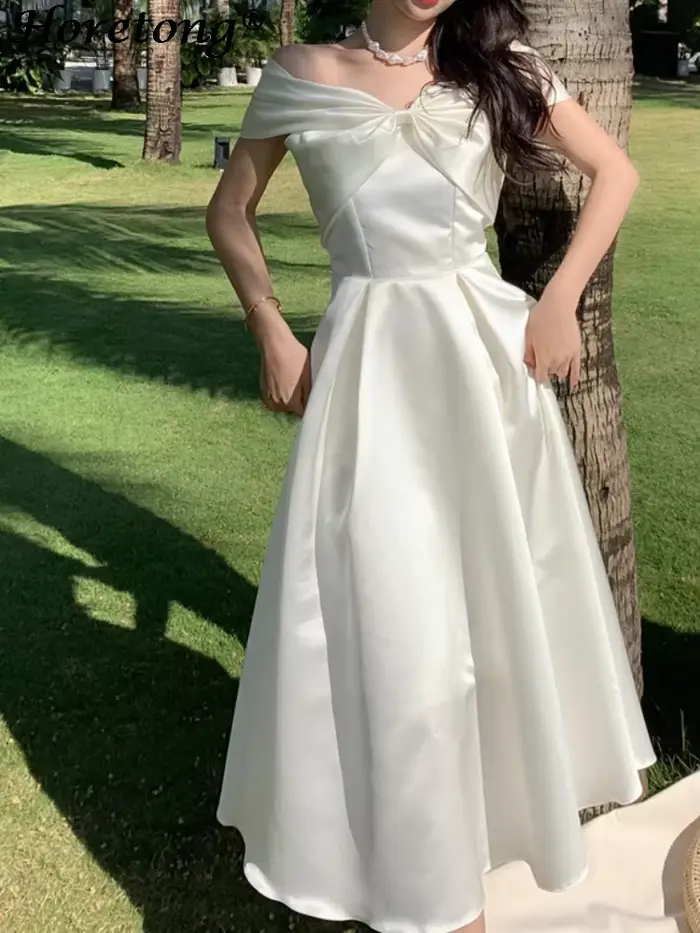 Horetong mašlička výstrih šaty Sexy leto ženy víla biela elegantná áčková línia midi