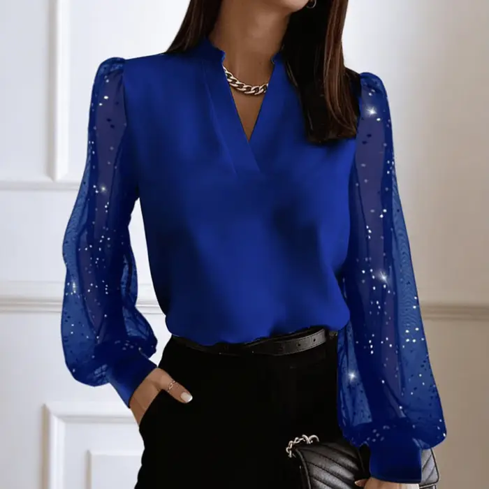 Chemisier bleu pour femme, col en V, manches bouffantes transparentes à sequins, élégant, en moussel