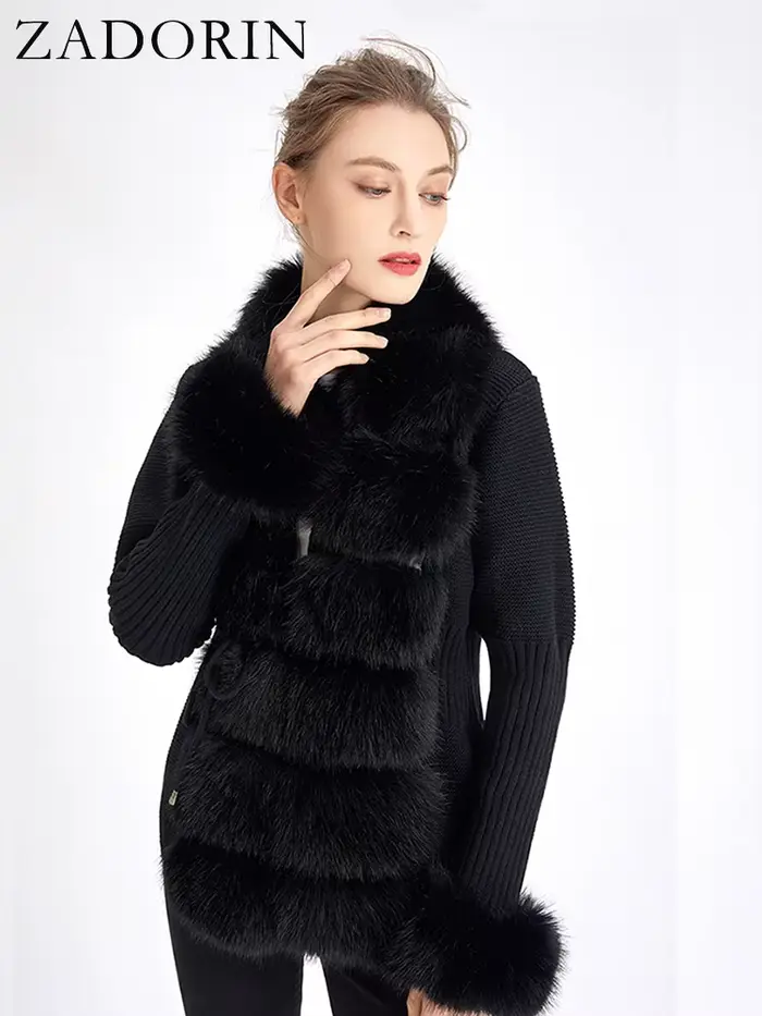 ZADORIN jeseň zima ženy umelá kožušina luxusný kabát pletený kožušinový cardigan s odnímateľným golierom biela ružová