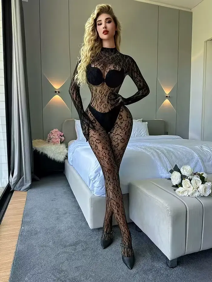 Ženy Sexy leopardí sieťovaný body s dlhými rukávmi priesvitná čipka Lingerie