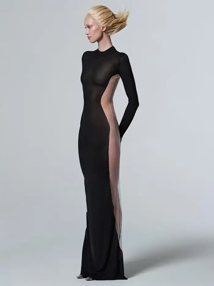 Robes Maxi noires pour femmes, robes transparentes sur le côté, élégantes éducatives, une pièce mince, robe de nuit sexy, tenue de club chaude