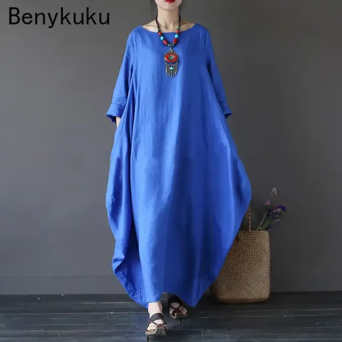 Vintage dlhé maxi šaty pre ženy s dlhými rukávmi veľká veľkosť kaftan voľný bavlnený ľanový casual 2025