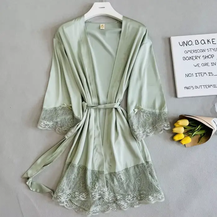 Biele svadobné ranné šaty, lem čipka, župan, Kimono, elegantné nočné oblečenie, v-neck, intímne spodná bielizeň v saténe