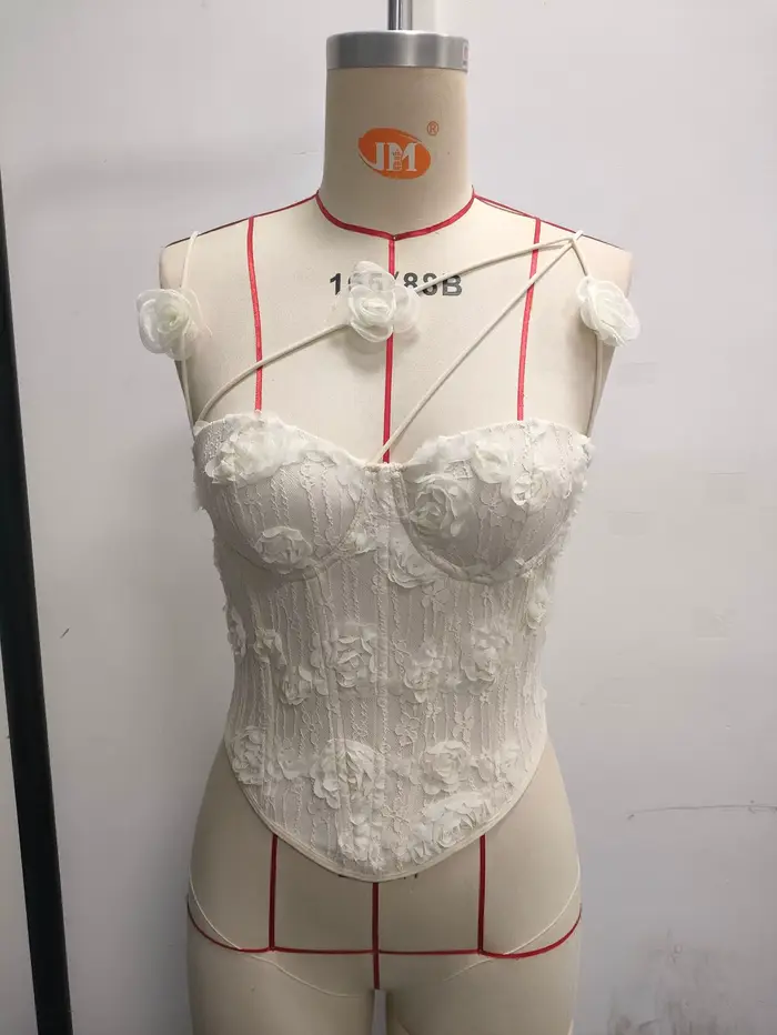 Elegantný korzet pre ženy v krémovej ružovej 3D čipke, prekrížené špagety, bez ramienok pre streetwear a clubwear