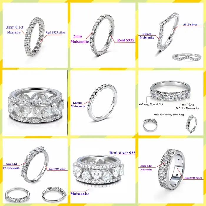 Bague de mariage en argent sterling 925 avec diamants Moissanite blancs ronds solides de 2 mm et 3 m