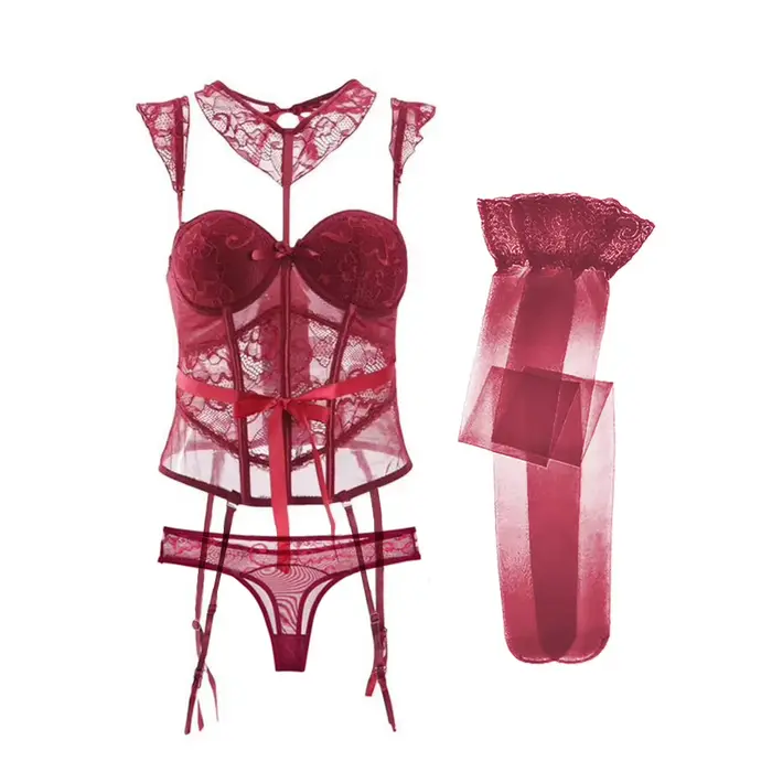 Varsbaby Sexy čipka korzet telo Shapewear Set ženy Bustier s bez ramienok nízky krk zase 4 kusy telo tvarovači spodná bielizeň