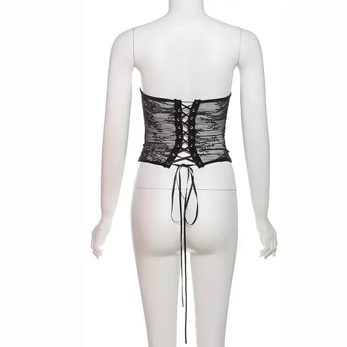 Sexy oceľové kosti Korset Žena Hollow Out Bez ramienok Čipka Podprsenka Top bez ramienok Mesh Ženy Spodná bielizeň Čierna Biela Biege Korzet