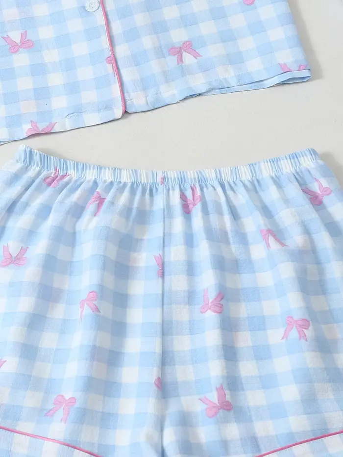 Pyjama femme 3 pièces à revers cranté, manches courtes, short et pantalon, imprimé carreaux à nœud mignon, pour printemps, été, automne, vêtements d'intérieur