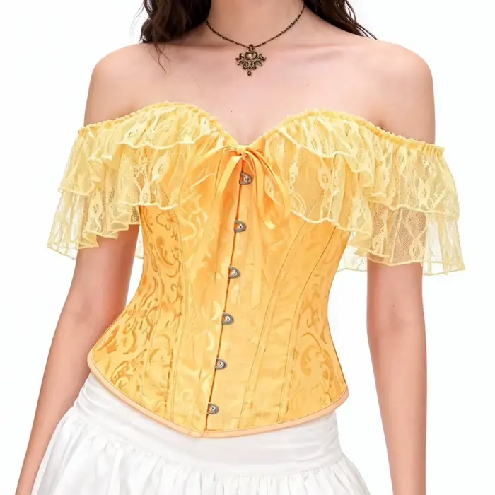 Štýlové žlté žakárové a čipkové korzety, vykostené volániky, sexy top, overbust, vinobranie oblečenie, gotické bustier pre viktoriánske ženy y2k