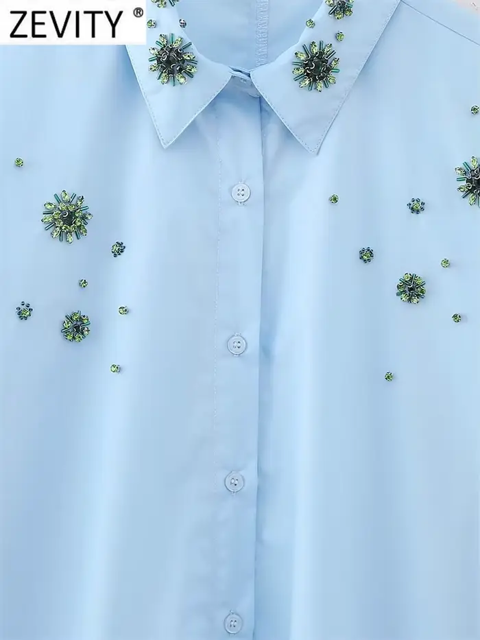Zevity-Chemisier en Popeline à Manches sulfpour Femme, Broderie de Perles de Diamant, Chemise Décont