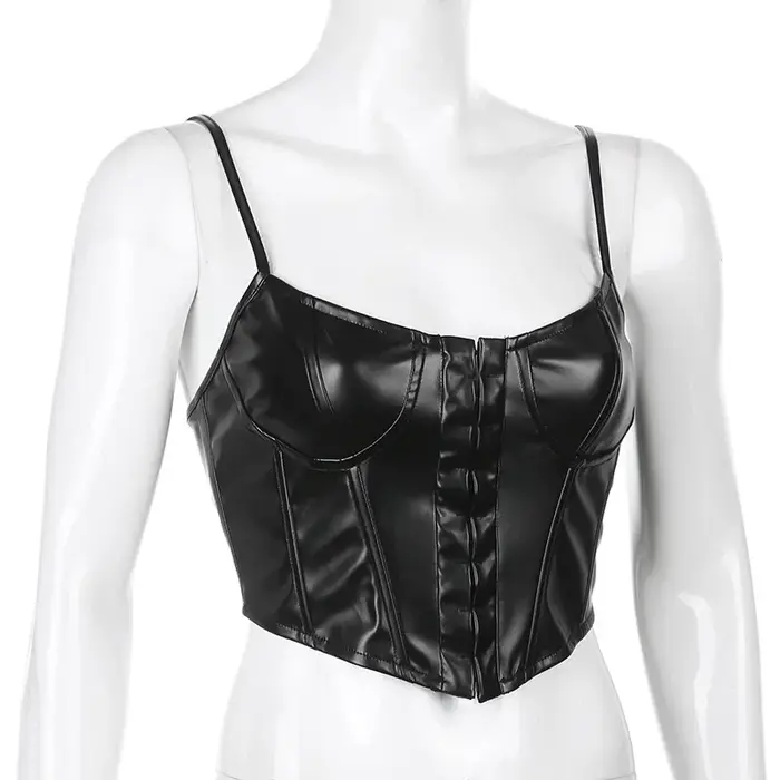 Corset femme Sexy noir en cuir PU Bustier haut court mode dame sans manches sangle Camis Clubwear ét