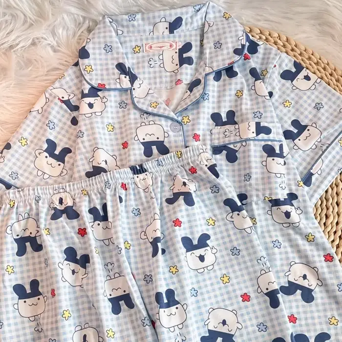 Tamagotchi Tlač pyžamový set - Dámske krátke rukávy bavlnené letné nočné oblečenie (roztomilé kreslené šortky a top)