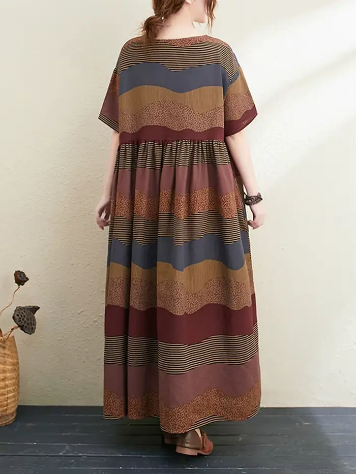 Nouvelle Robe Longue d'Été 2026 en Coton et Lin à Manches Courtes, Imprimé Rayé Vintage, Élégante po
