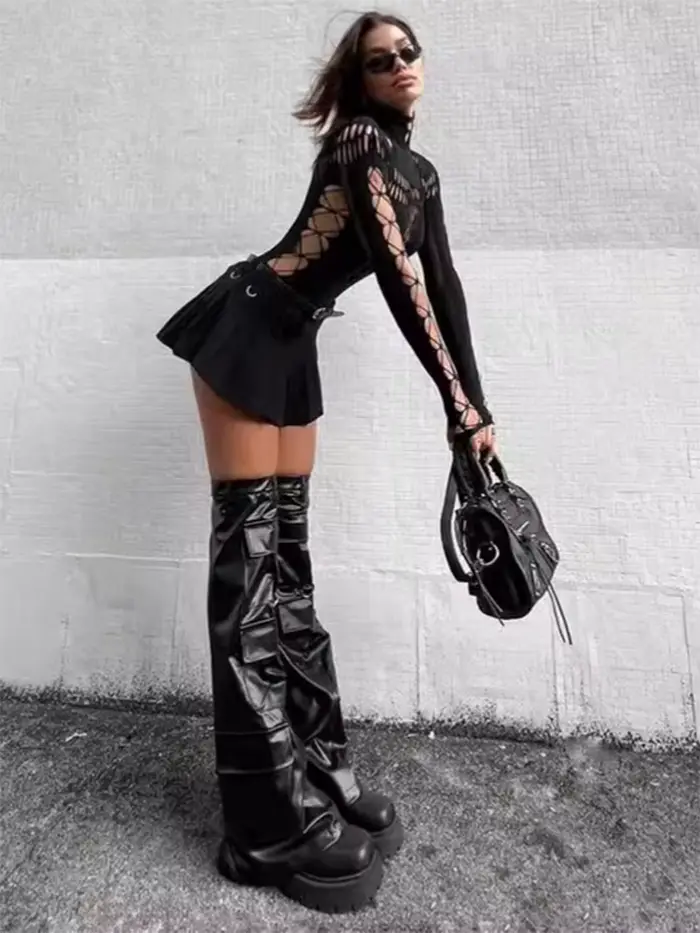 FHSEER Sexy body pre ženy Y2K vysoký golier obtiahnutý kruhový výstrih vpredu a rukávy zo sieťoviny so šnurovaním pružný Edggy Clubwear Streetwear