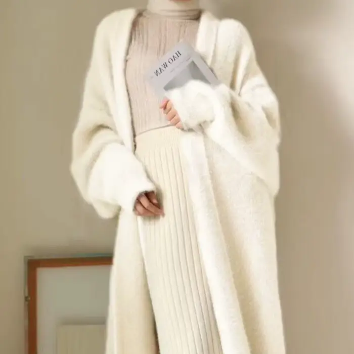 Cardigan long blanc pour femme, nouvelle collection hiver 2026, tricoté, moelleux, à manches longues