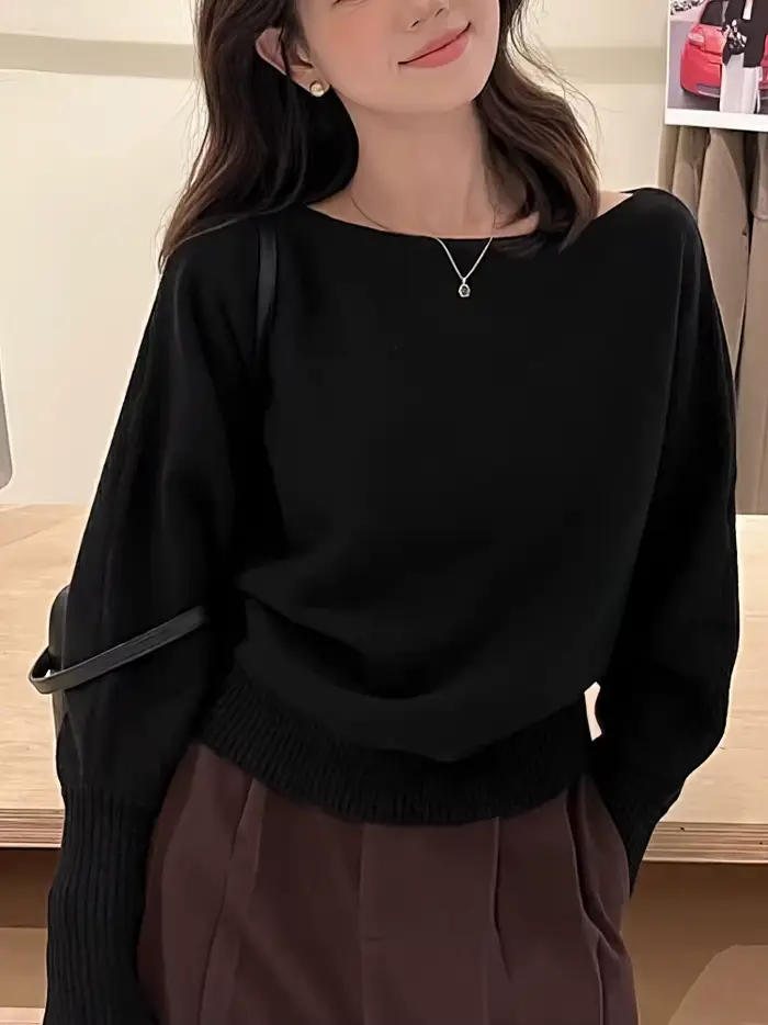 Batwing – Pull tricoté à manches longues pour femme, haut épais à épaules dénudées, mode coréenne, a