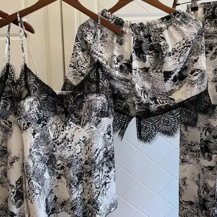 Pyjama en Satin Imprimé pour Femme, Robe Kimono à Col en V, Ensemble avec Coussinets Cheast, Vêtements de Nuit Sexy
