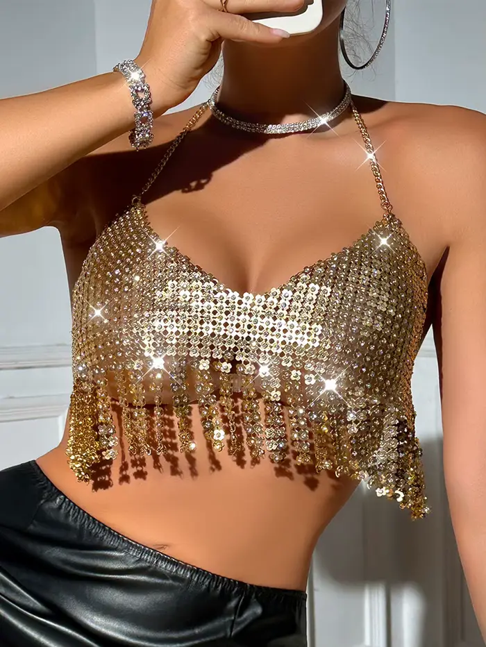 Crop top transparent en métal pour femmes, débardeur à sequins, licou d'été, Y2K Streetwear, Club Be