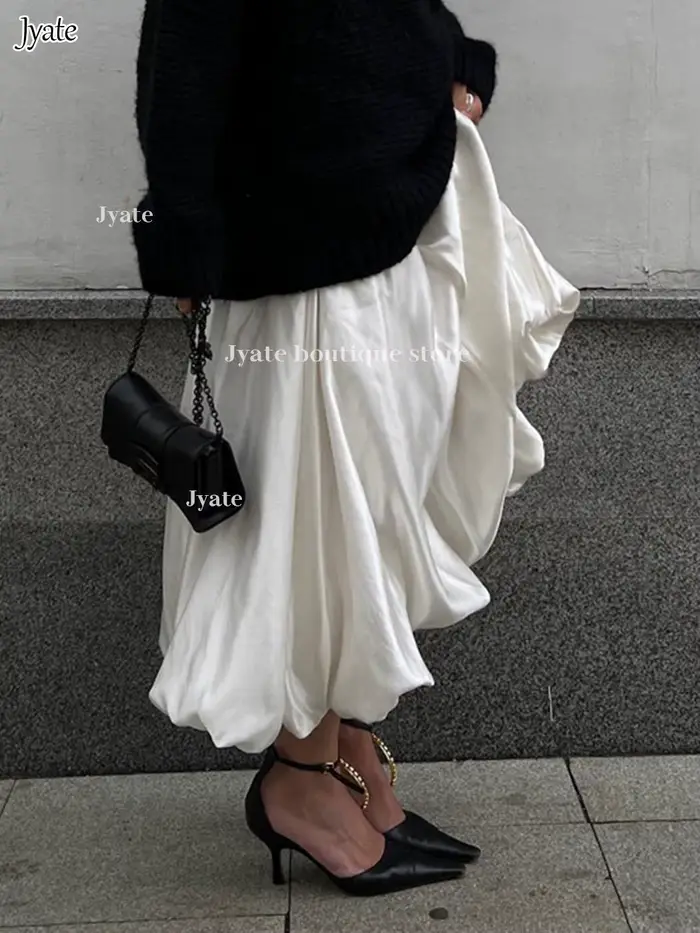 Jupe Trapèze Drapée en Satin pour Femme, Taille Haute, Mode Élégante, Couleur Unie, Fermeture Éclair