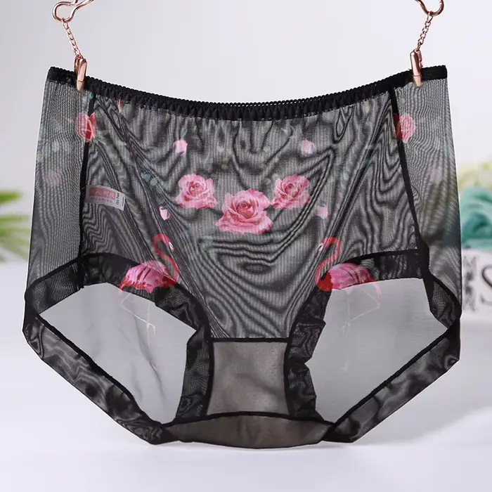 Culotte en maille transparente Ultra-fine pour femme, sous-vêtement Sexy imprimé, grande taille