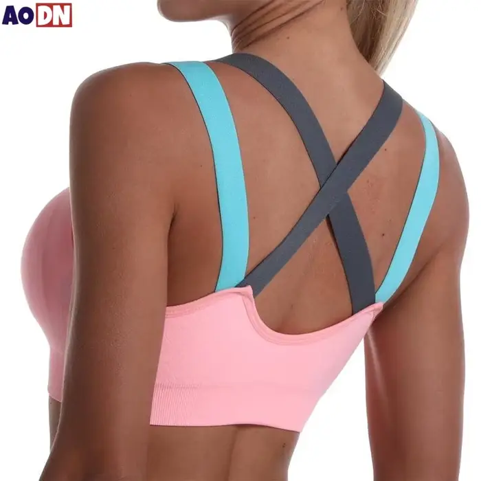Soutien-gorge de sport croisé à blocs de couleur, beau dos, sans anneau en acier, gilet de Yoga, professionnel, résistant aux chocs, Bralette de course, de Fitness
