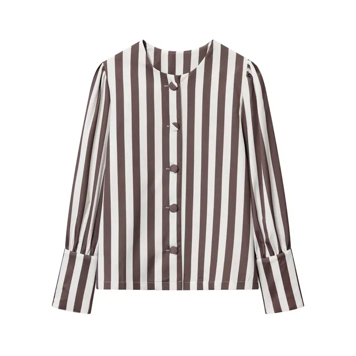 Chemisier Chic pour femmes, coupe ample, imprimé rayé, col rond, manches bouffantes, simple boutonna
