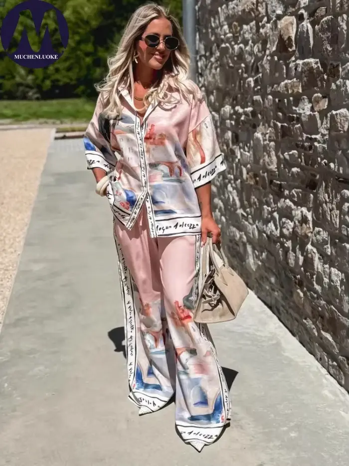 Ensemble estival élégant pour femmes deux-pièces top à col rabattu et pantalon large occaions spéciales et quotidiennes