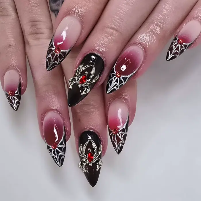 24 pièces argent araignée conception faux ongles métal lourd Halloween faux ongles conseils couvertu