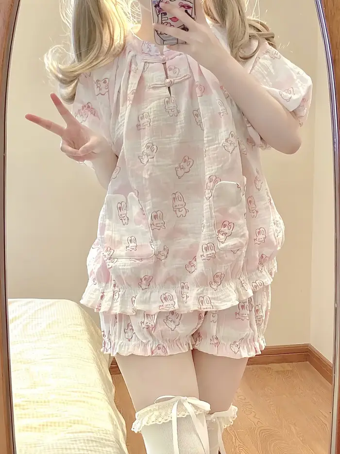 Kawaii Lolita Style lapin imprimé pyjamas ensemble Girly mignon à manches courtes hauts Shorts costume femmes décontracté princesse Homewear Pijama ABDL