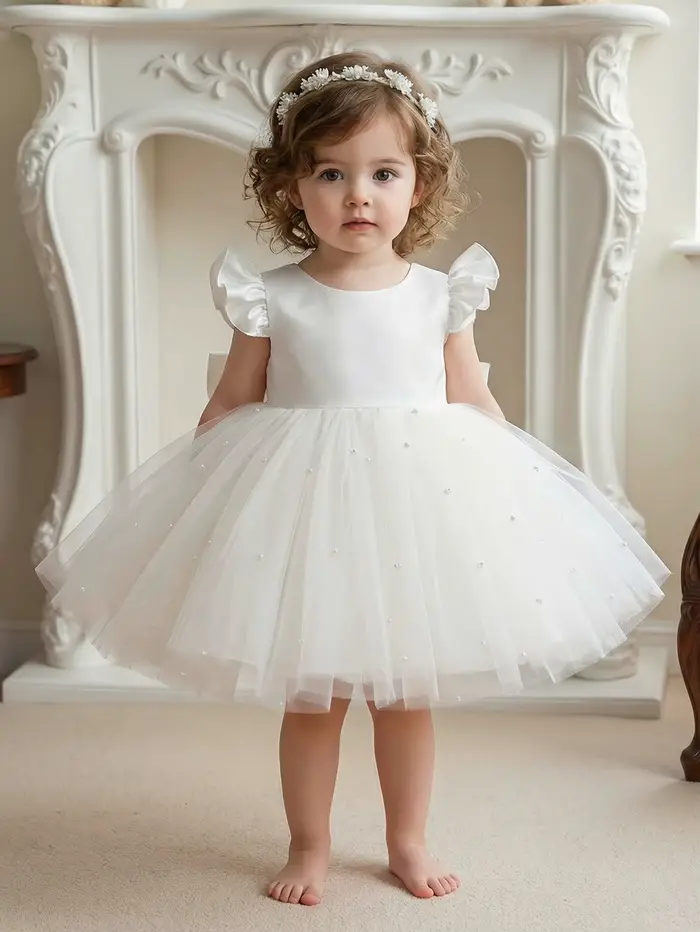 Robe blanche demoiselle d'honneur tulle volants nœud papillon première année fille cérémonie banquet occasions spéciales enfants princesses fantaisie magique