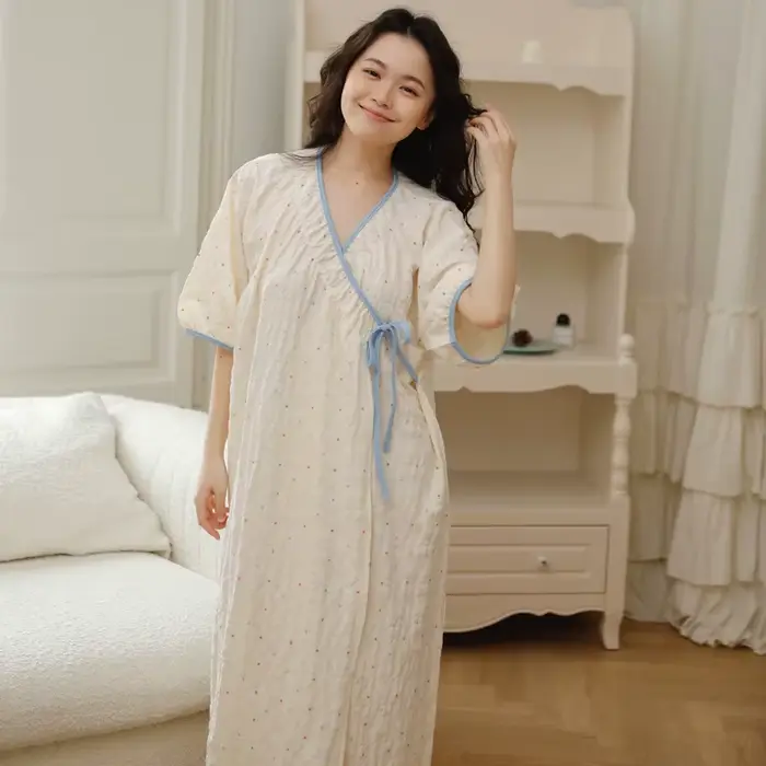 Letná dojčiaca kimono nočná košeľa z mäkkého krčeného bavlny