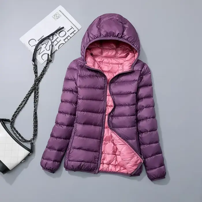 Krátka obojstranná páperová bunda s kapucňou pre ženy