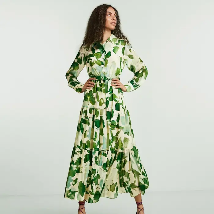 CHCH robe femme 2025 printemps nouveau col à manches longues fleur verte vacances