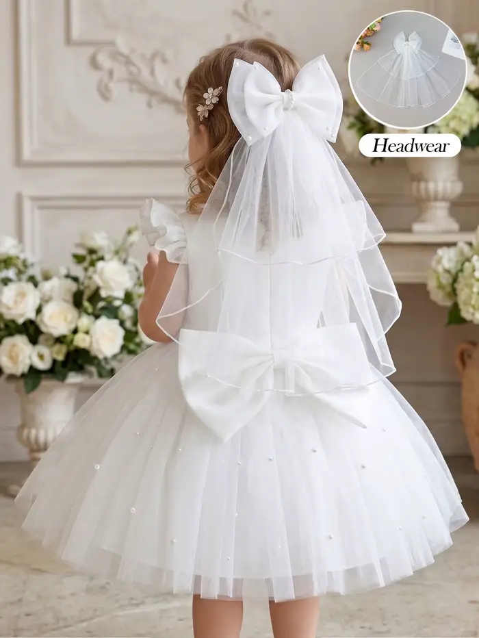 Robe blanche demoiselle d'honneur tulle volants nœud papillon première année fille cérémonie banquet occasions spéciales enfants princesses fantaisie magique