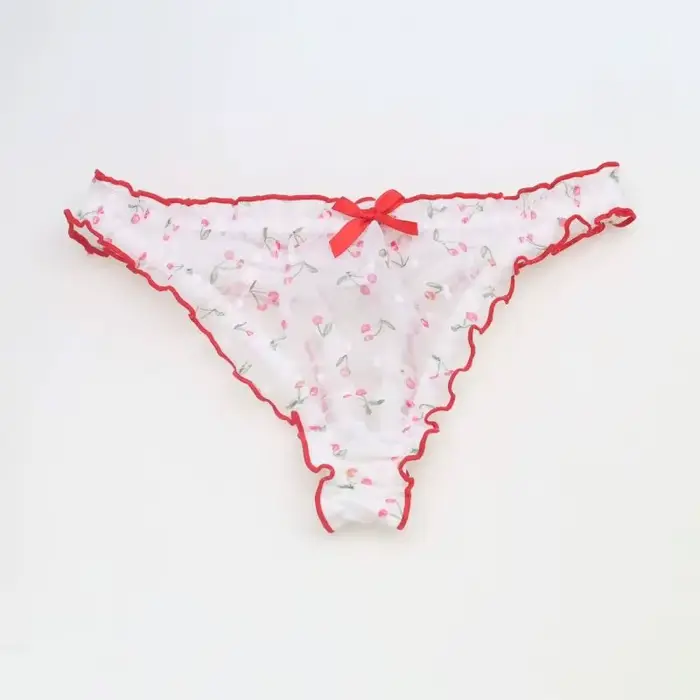Sissy rose cerise mousseline de soie mignon string femmes taille moyenne nœud transparent érotique t-back culotte doux string à volants doux slips Lingerie