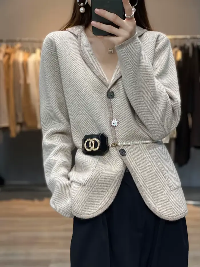 Pull cardigan en laine pure, style chinois, col rabattu, boutonnage simple, vichy, pour femmes, automne hiver ```