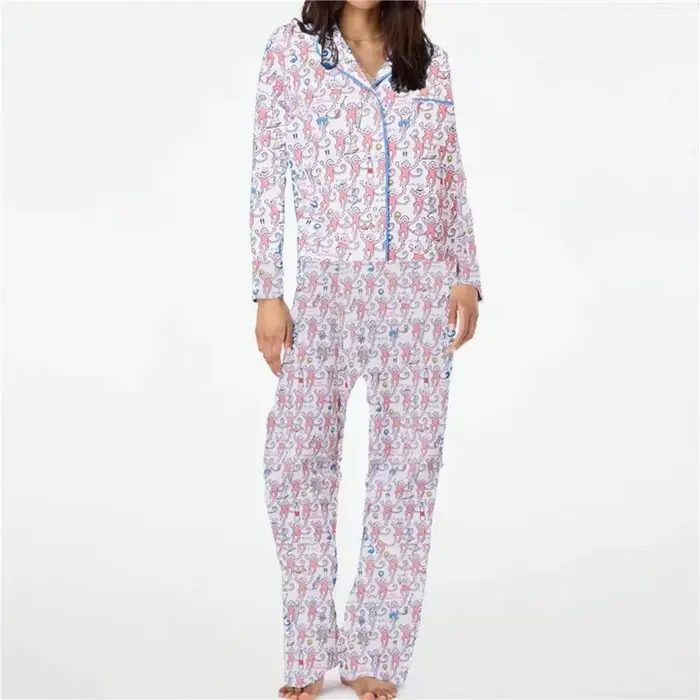 Roztomilé a elegantné pyžamo pre ženy, karikatúra z roku 2000, V-neck, mäkký polyester, dvojdielny, pohodlný nočný spánok, ideálny darček pre špeciálne príležitosti
