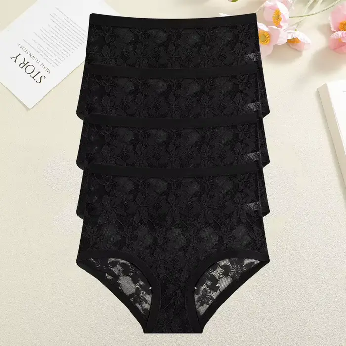 FINETOO Lot de 4 culottes taille haute en dentelle florale pour femme, couleur unie, respirantes, co